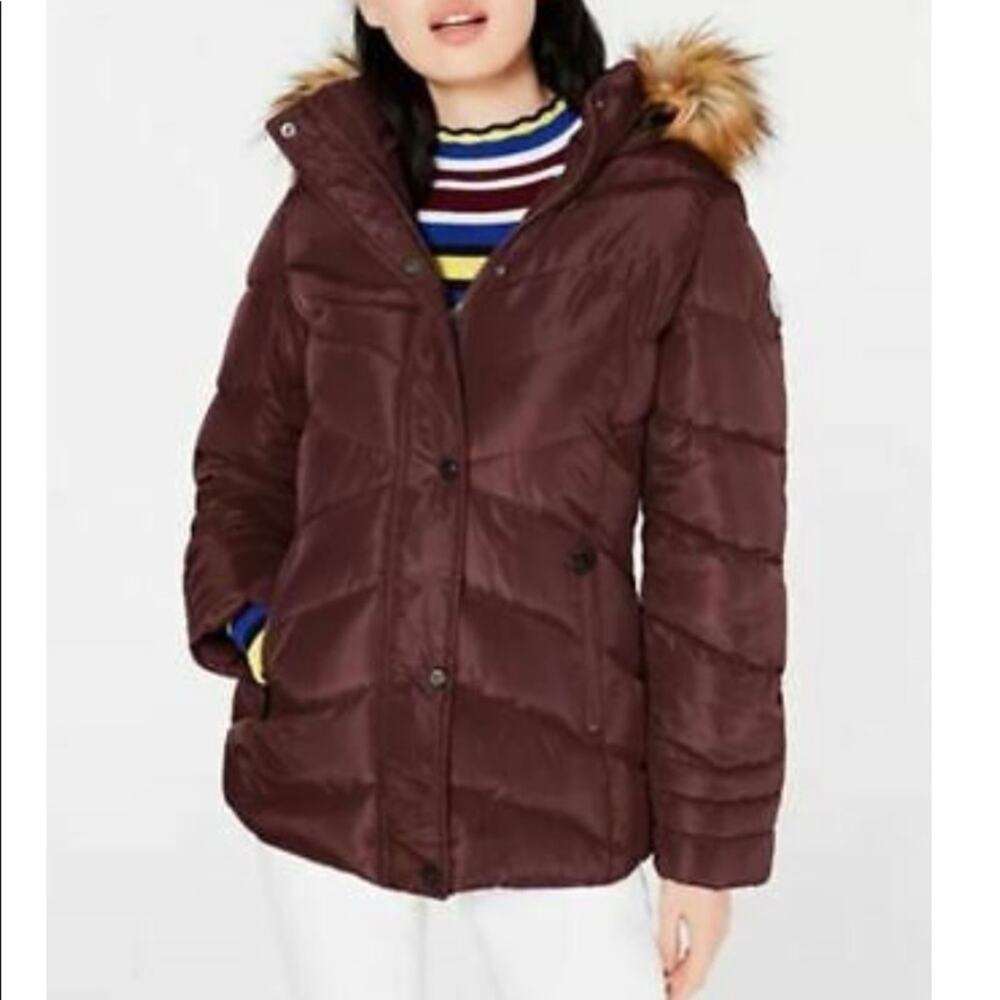 NWT Madden Girl Juniors Faux-Fur Trim Hooded Merlot M - Picture 1 of 15